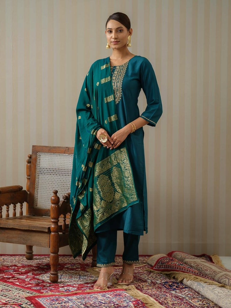 Kaari Women's Embroidered Kurti Set with Dupatta | Ethnic Suits with Embellished Dupatta | Everyday and Festive Kurti Set for Women|Rama|XS - Image 2