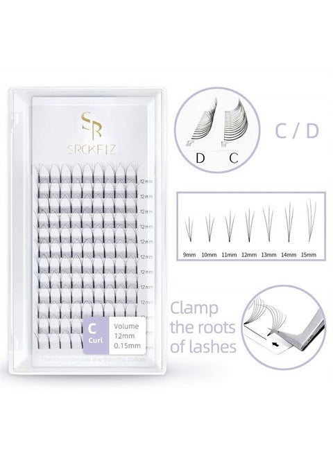 Volume Eyelash Extensions 3D Thickness 0.10mm C D Curl Long Stem Premade Fans Russian Volume Lash Extensions Natural Cluster Eyelash Extensions for Professional Use (3D-C-0.10, 8mm)