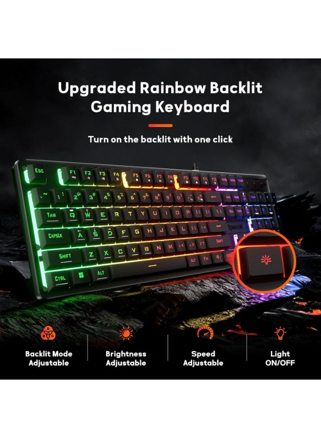 Redragon K521 Netherbane Upgrade Rainbow LED Gaming Keyboard, 104 Keys Wired Mechanical Feeling Keyboard with Multimedia Keys, One-Touch Backlit, Anti-Ghosting, Compatible with PC, Mac, PS4/5, Xbox - Full-Size - Black - Image 2