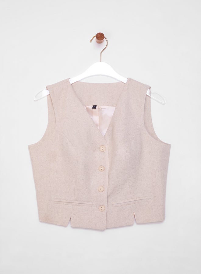 trendyol Beige Fitted Linen V-Neck Crop Vest Twoss25Ye00028 - Image 5