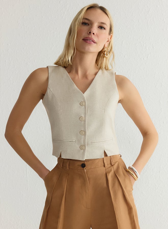 trendyol Beige Fitted Linen V-Neck Crop Vest Twoss25Ye00028 - Image 1