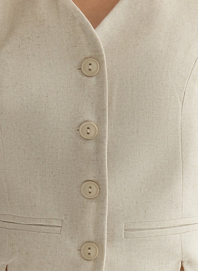 trendyol Beige Fitted Linen V-Neck Crop Vest Twoss25Ye00028 - Image 3