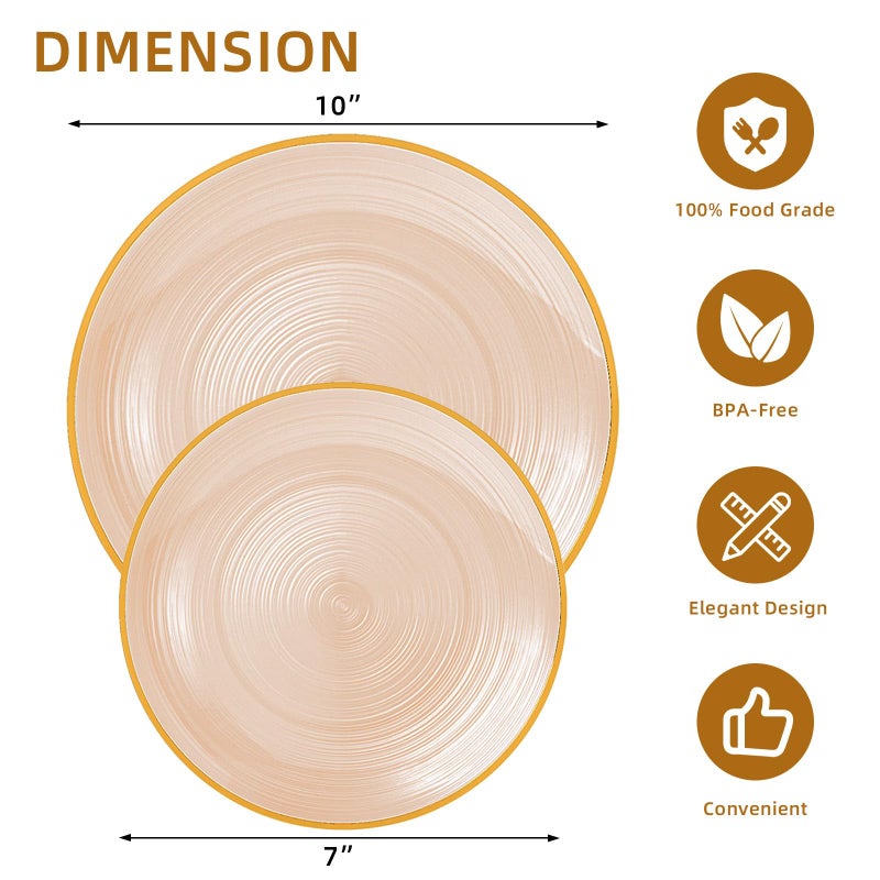 N9R 60 PCS Mocha Mousse Plastic Plates with Gold Rim, Elegant Disposable Plates, Circular Ribbed Design, 30 Dinner & 30 Dessert Plate for Parties, Weddings, Banquets and Events - Image 2