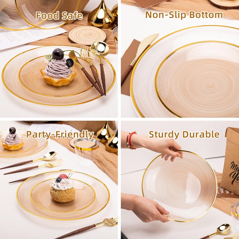 N9R 60 PCS Mocha Mousse Plastic Plates with Gold Rim, Elegant Disposable Plates, Circular Ribbed Design, 30 Dinner & 30 Dessert Plate for Parties, Weddings, Banquets and Events - Image 3