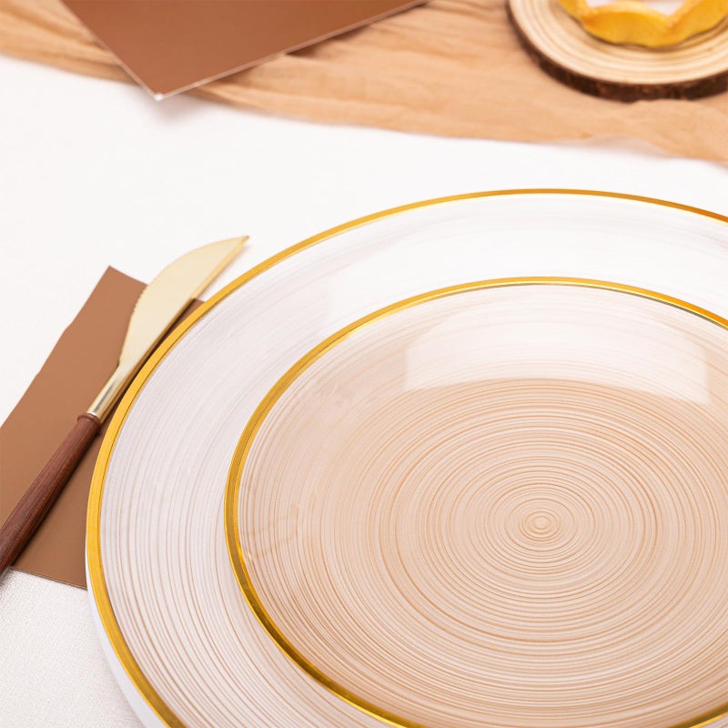 N9R 60 PCS Mocha Mousse Plastic Plates with Gold Rim, Elegant Disposable Plates, Circular Ribbed Design, 30 Dinner & 30 Dessert Plate for Parties, Weddings, Banquets and Events - Image 4