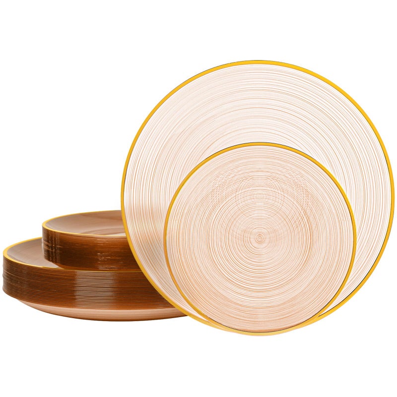 N9R 60 PCS Mocha Mousse Plastic Plates with Gold Rim, Elegant Disposable Plates, Circular Ribbed Design, 30 Dinner & 30 Dessert Plate for Parties, Weddings, Banquets and Events - Image 1
