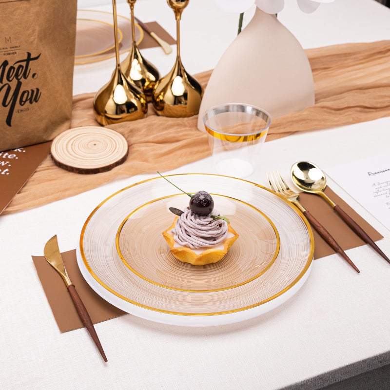N9R 60 PCS Mocha Mousse Plastic Plates with Gold Rim, Elegant Disposable Plates, Circular Ribbed Design, 30 Dinner & 30 Dessert Plate for Parties, Weddings, Banquets and Events - Image 5