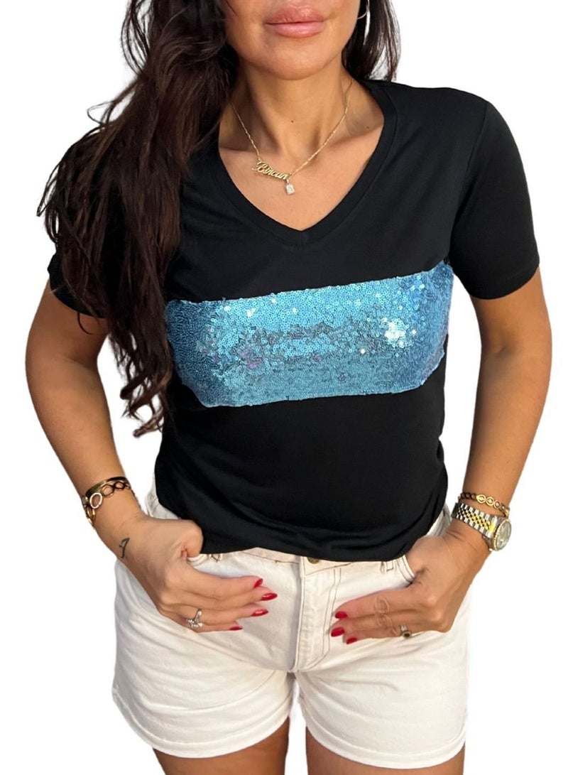 VENTIUP Women's V-Neck T-Shirts Short Sleeve Black / Blue Shiny Details - Image 1