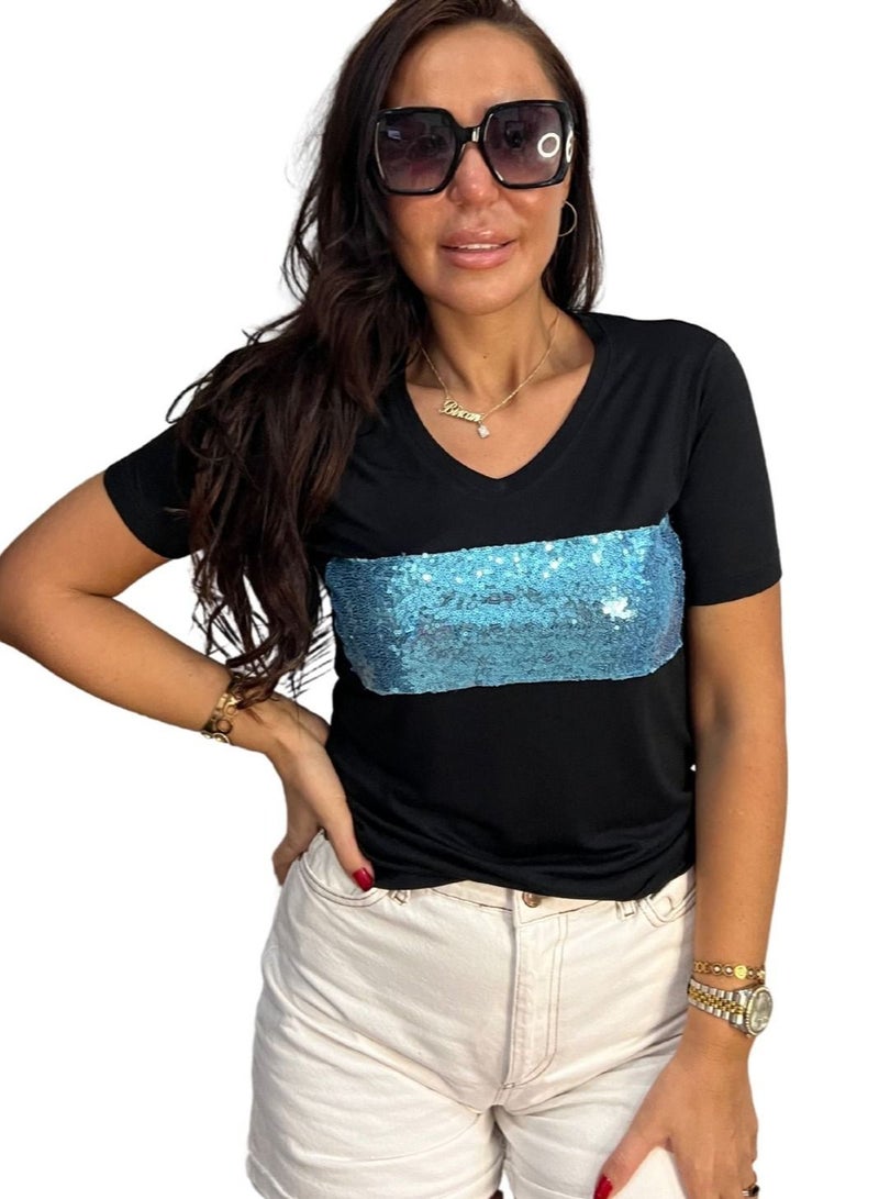 VENTIUP Women's V-Neck T-Shirts Short Sleeve Black / Blue Shiny Details - Image 5