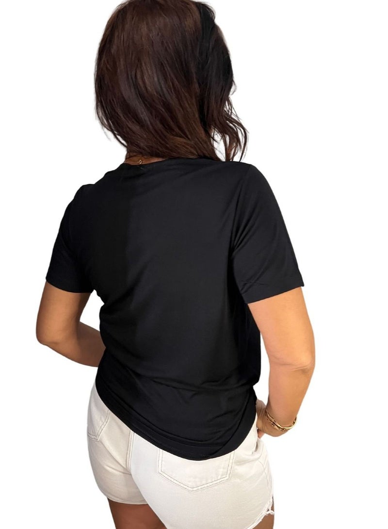 VENTIUP Women's V-Neck T-Shirts Short Sleeve Black / Blue Shiny Details - Image 2