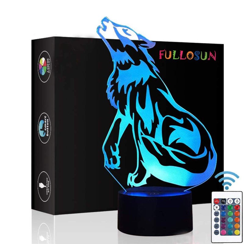 FULLOSUN Wolf Gifts 3D Night Light for Kids Optical Illusion Lamp CoSleepingRemote Controller with 16 Color Changing Birthday Gifts for Kids Boys Men