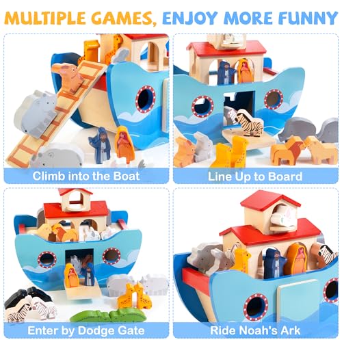 Just Wood JUSTWOOD Wooden Noahs Ark Toy for Toddlers 1 Years Baptism Gift for Boys and Girls Baby Montessori Educational Animal Shape Sorter Toy with Bible Story Book - Image 5