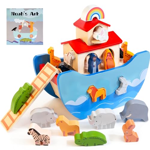 Just Wood JUSTWOOD Wooden Noahs Ark Toy for Toddlers 1 Years Baptism Gift for Boys and Girls Baby Montessori Educational Animal Shape Sorter Toy with Bible Story Book - Image 1