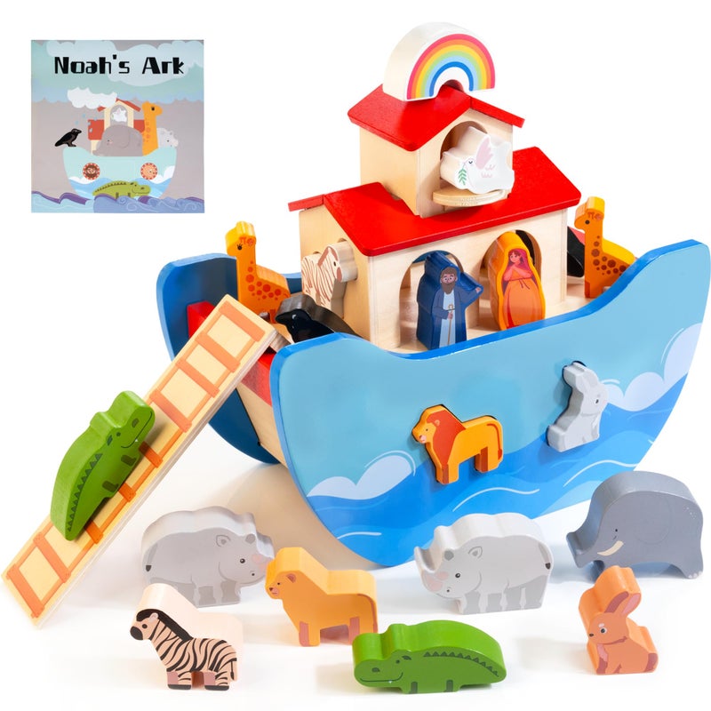 Just Wood JUSTWOOD Wooden Noahs Ark Toy for Toddlers 1 Years Baptism Gift for Boys and Girls Baby Montessori Educational Animal Shape Sorter Toy with Bible Story Book - Image 3