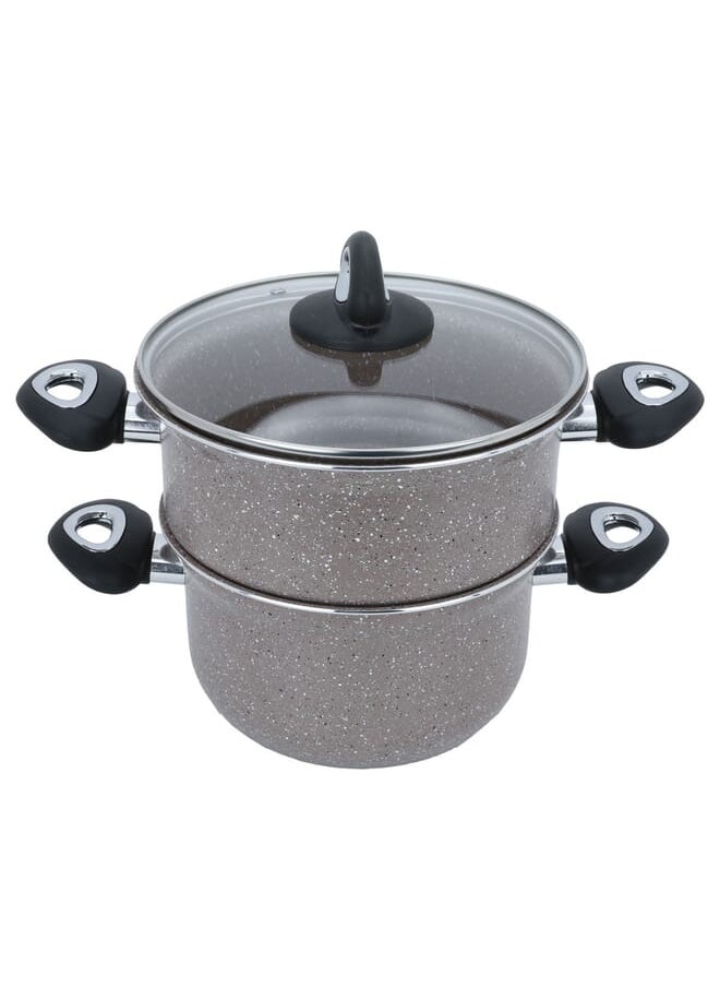 Alsaif Gallery Steam Cooker Granite Brown Glass Lid 2 Pieces 22 cm 