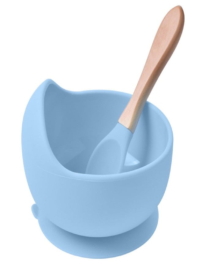 KRIVETY Baby Feeding Silicone Bowls with Wooden Spoon Curved Walls for First Stage Baby Self Training Feeding Strong Suction Large Bowl for Toddlers Babies Kids Prevent Food Dropping (Sky Blue) - Image 1