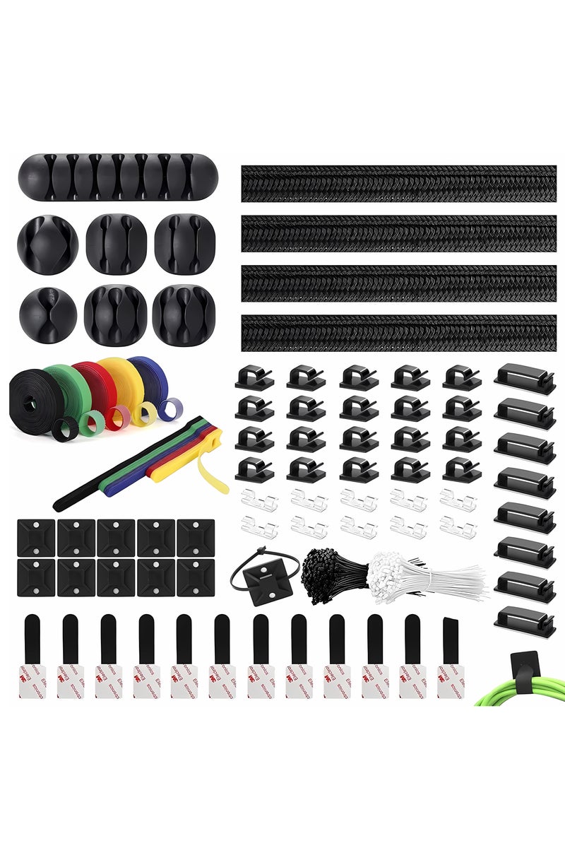 Firasa Cord Management Kit 204pcs , Include 4 Cable Sleeve Split with 45 Self Adhesive Cable Clips Holder, 5 Rolls and 30 pcs Adhesive Ties, 100 Nylon Fasten Cable Ties for TV Office Car Desk Home - Image 1