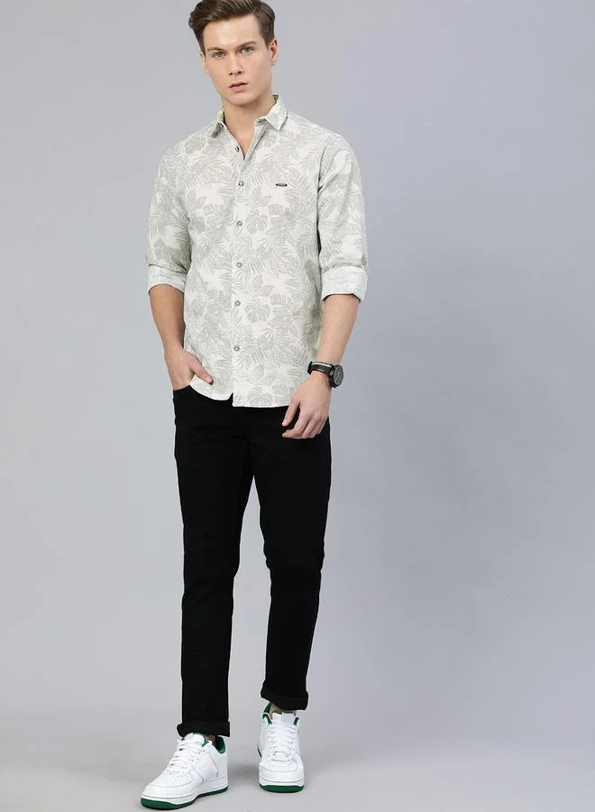 The Indian Garage Co  The Indian Garage Co Slim Fit Grey Tropical Printed Shirt for Men | Best Price UAE