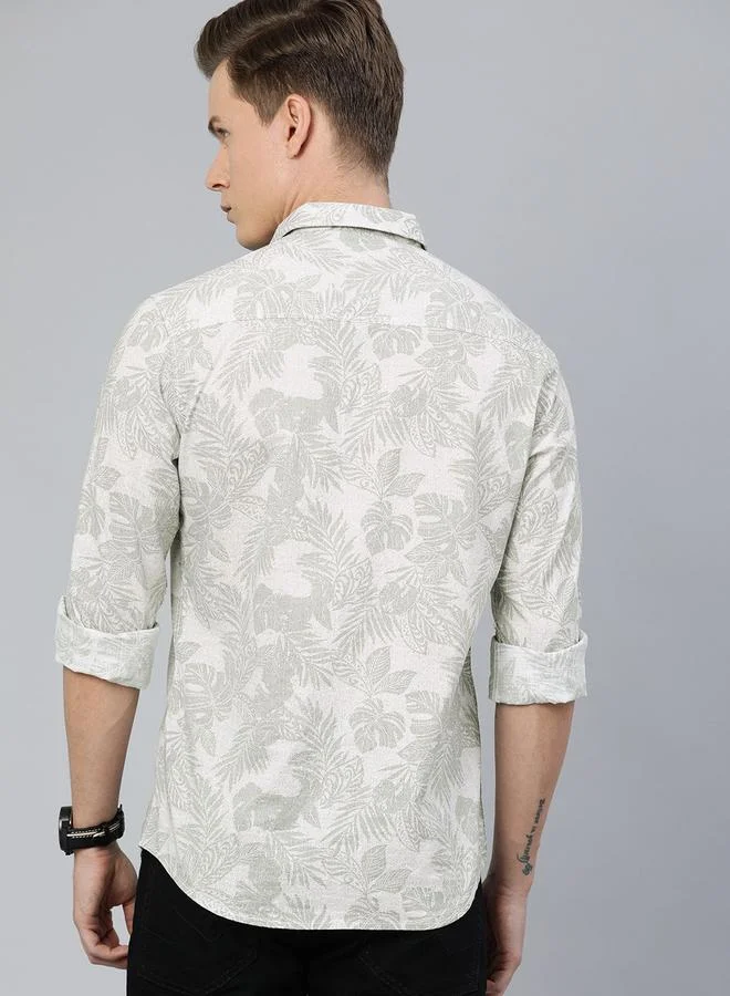 The Indian Garage Co  The Indian Garage Co Slim Fit Grey Tropical Printed Shirt for Men | Best Price UAE