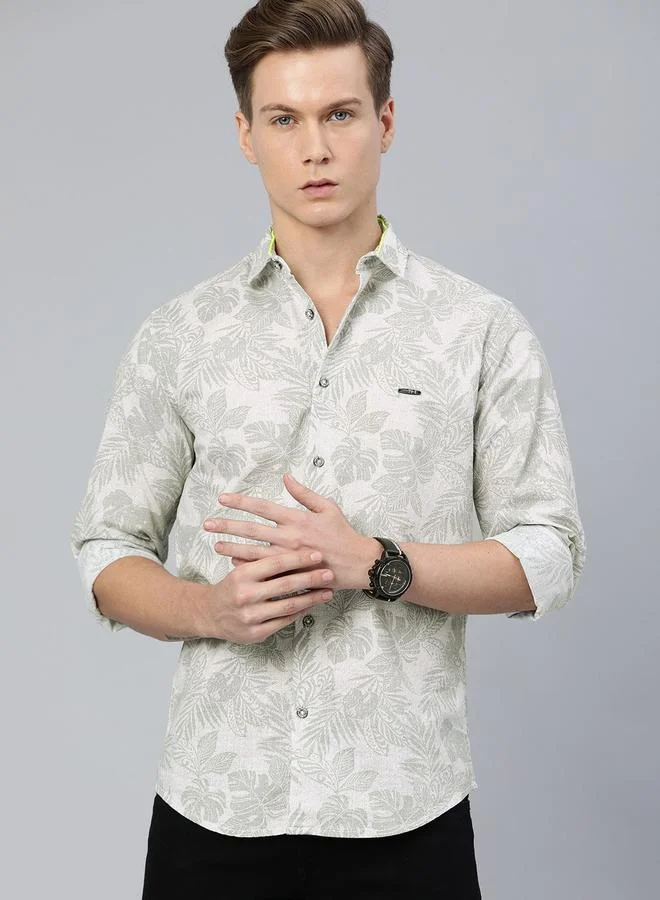 The Indian Garage Co  The Indian Garage Co Slim Fit Grey Tropical Printed Shirt for Men | Best Price UAE