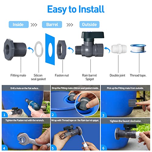 Suswillhit 2 Pack Rain Barrel Spigot Kit - Suswillhit Water Barrel PVC Garden Diverter Kit with Bulkhead Fitting Hose Faucet Adapter and Thread Seal Tape for Water Tanks, Aquariums, Tubs, Pool, Garden Barrel - Image 4