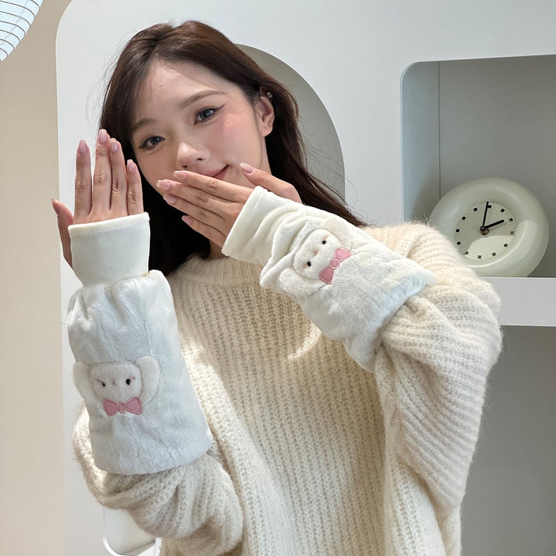 Warm Sleeve-Length Gloves Two-In-One Adult And Childrens Cartoon Design Fall/Winter Warm And Dirt-Resistant Integrated Handwarm Bow white