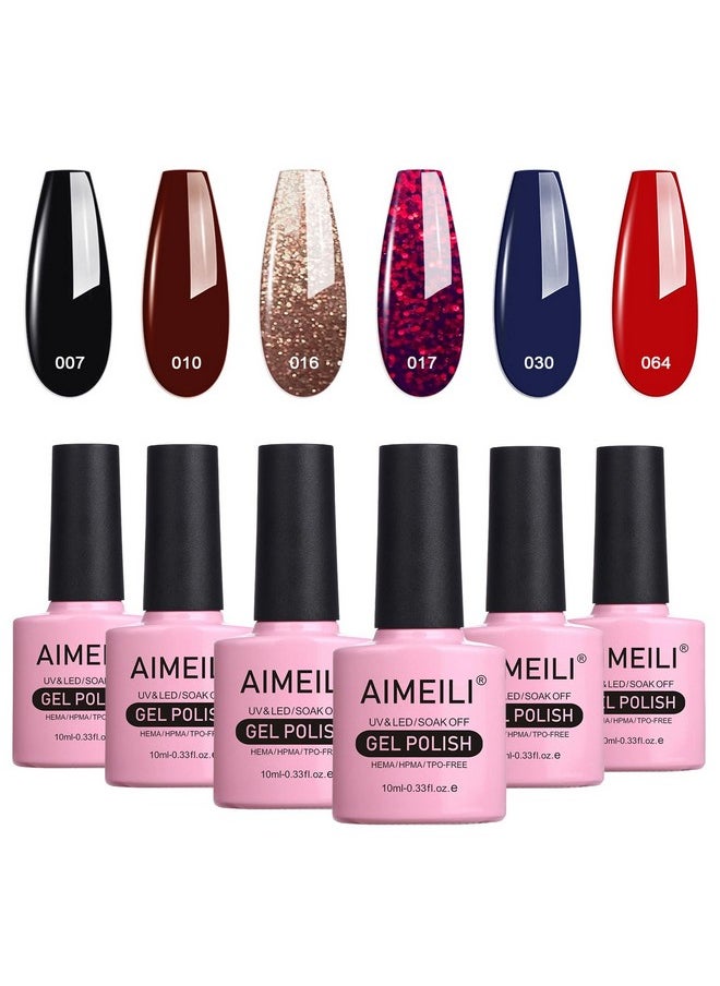 AIMEILI AIMEILI Gel Nail Polish Soak Off U V LED Gel Nail Lacquer, Black Wine Red Blue Glitter Color Gel Set Of 6pcs X 10ml - Kit Set 21  - Image 1