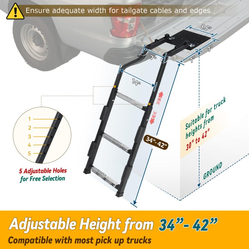 UIABOPZ Tailgate Ladder for Pickup Truck, Universal 34"-42" Height Adjustable Tailgate Step with Non-Slip Wide Pedal, Heavy Duty Durable Truck Ladder for Ford Dodge Ram Hilux Chevy GMC, Capacity 350 lbs - Image 2