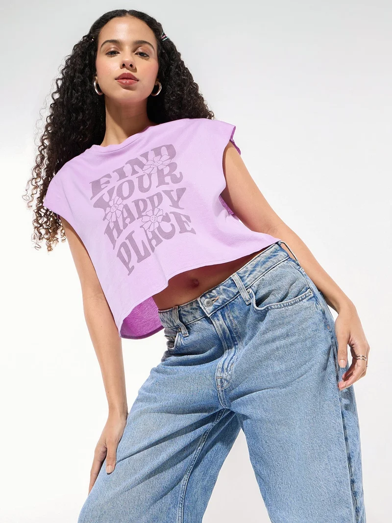 OUTZIDR Lavender Sleeveless Crop Boxy Printed T-Shirt
