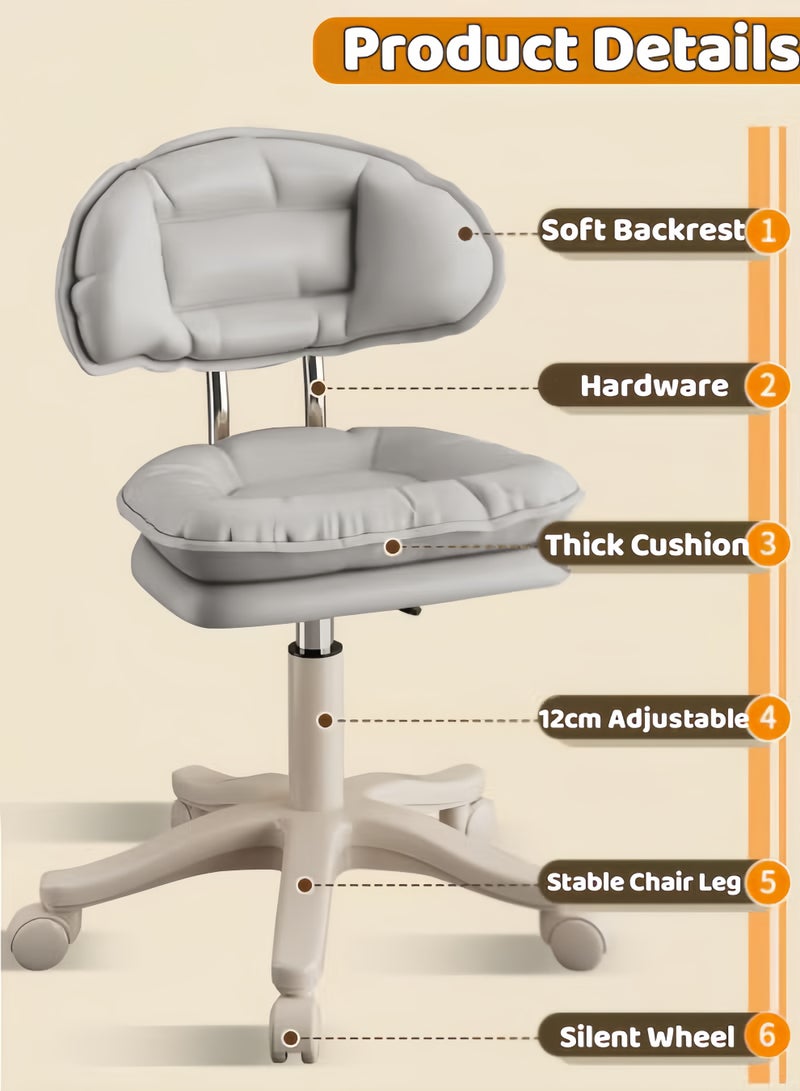 MLADEN Adjustable Makeup Desk Chair, 360 Swivel Chair for Makeup Room, PU Leather Swivel Study Chair with Silent Wheel Computer Task Vanity Chair Armless Study Chair for Bathroom & Living Room (Beige) - Image 3