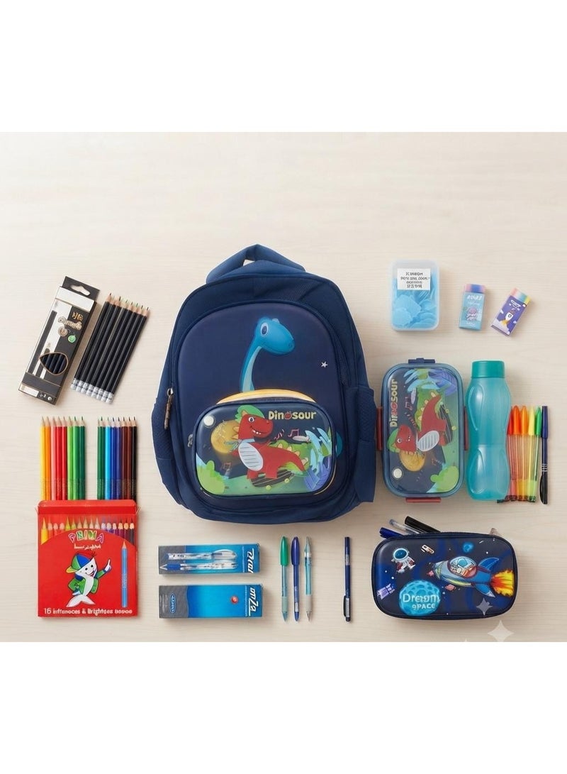 Supplies. 12-in-1 School and Office Supplies Set (Astronaut Pencil Case, 14-inch Dinosaur Bag, Ballpoint Pens, Pencils, Colors, Eraser, Paper Soap, 750ml Water Bottle - Lunch Box) - Image 1