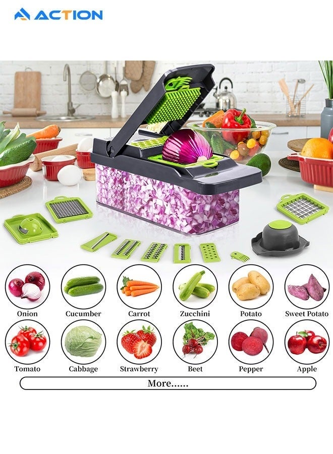أكشن مفرمة خضراوات، مفرمة طعام، مفرمة بصل متعددة الوظائف 16 في 1، مفرمة خضراوات، مفرمة خضراوات مع حاوية، قطاعة خضراوات، قطاعة ماندولين، سلطة، مفرمة ثوم - Image 2