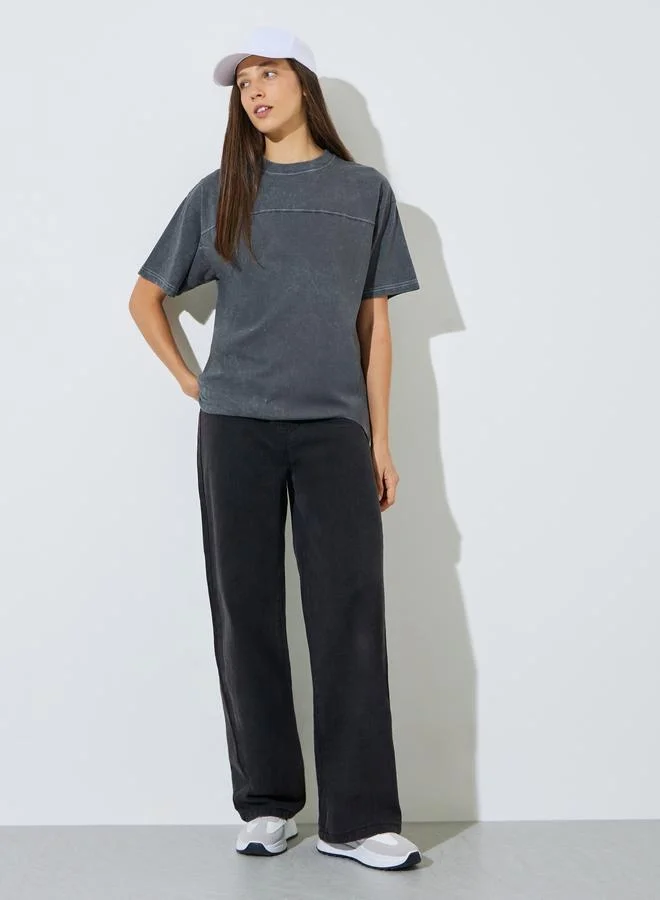 ستايلي Grey Acid Wash Contrast Stitch T-Shirt