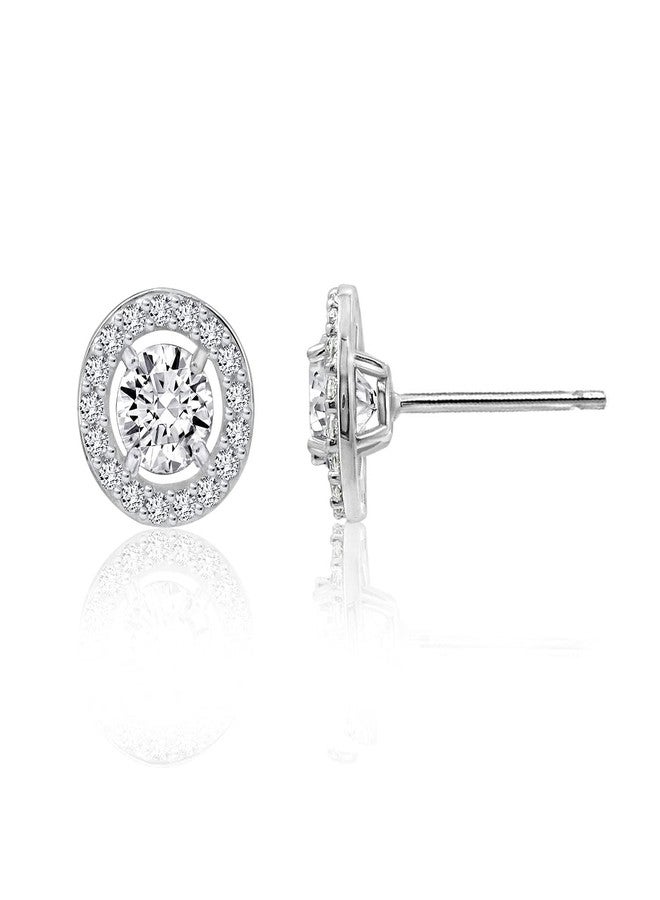 DiamonBliss Platinum Plated Silver 1ct Round Cut Floating Halo Stud Earrings - Image 1