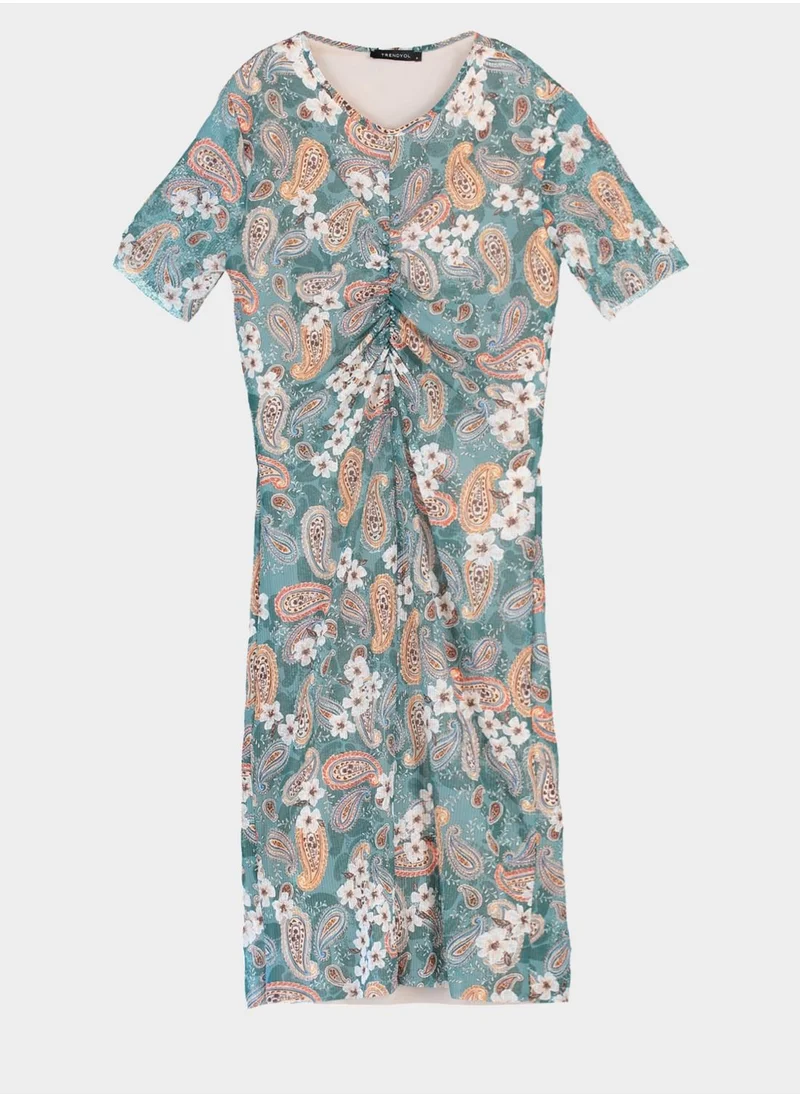 trendyol Front Ruched Printed Dress