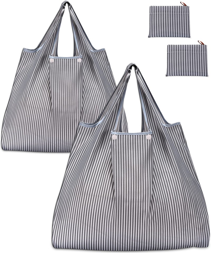 KINGMAS Reusable Grocery Bags EcoFriendly Folding Tote Shopping Bag fits in Pocket Washable Waterproof Nylon Pouch Bags 2 Pack Grey Stripe