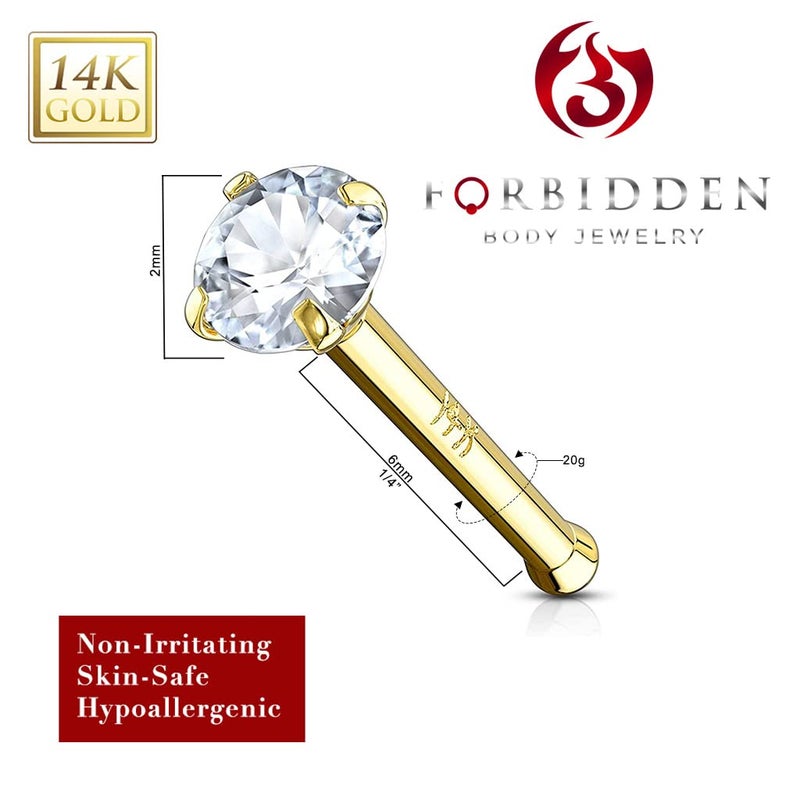 Forbidden Body Jewelry خاتم أنف من مجوهرات الجسم المحظورة من الذهب الأصفر عيار 14 قيراط، 20 جرام، قرص صلب 6 مم، ماسة زائفة 2 مم، آمن للبشرة وغير مسبب للتهيج، للنساء والرجال - Image 2