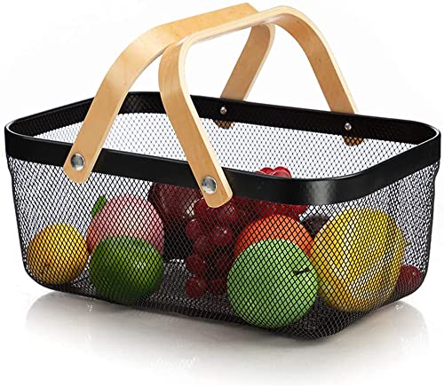 Marrone Large Metal Mesh Countertop Fruit Basket with Wooden HandlesFruit Vegetable Storage Shelf Cabinet Multi Color - Image 2