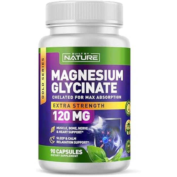 Built By Nature Magnesium Glycinate - Chelated for High Absorption – Supplement to Support Sleep, Muscle, Heart & Nerve Health - 120 mg Magnesium per Serving/Capsule - 90 Capsules - Image 1