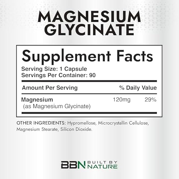 Built By Nature Magnesium Glycinate - Chelated for High Absorption – Supplement to Support Sleep, Muscle, Heart & Nerve Health - 120 mg Magnesium per Serving/Capsule - 90 Capsules - Image 4
