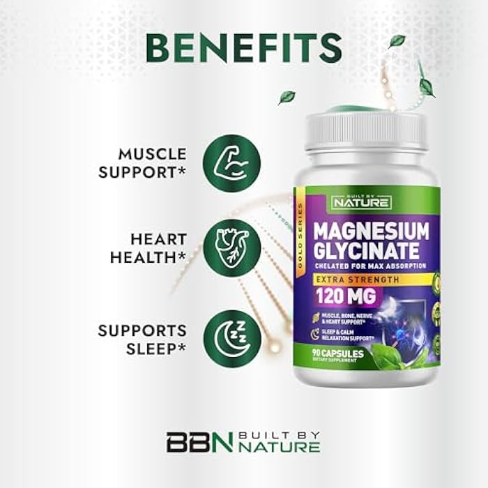 Built By Nature Magnesium Glycinate - Chelated for High Absorption – Supplement to Support Sleep, Muscle, Heart & Nerve Health - 120 mg Magnesium per Serving/Capsule - 90 Capsules - Image 2