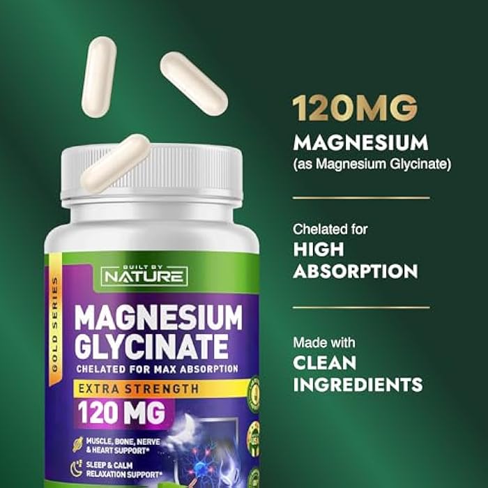 Built By Nature Magnesium Glycinate - Chelated for High Absorption – Supplement to Support Sleep, Muscle, Heart & Nerve Health - 120 mg Magnesium per Serving/Capsule - 90 Capsules - Image 3
