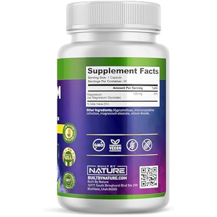 Built By Nature Magnesium Glycinate - Chelated for High Absorption – Supplement to Support Sleep, Muscle, Heart & Nerve Health - 120 mg Magnesium per Serving/Capsule - 90 Capsules - Image 5