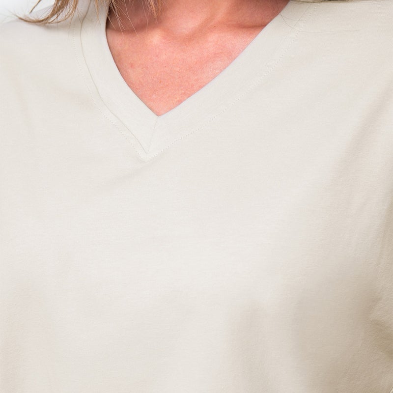 Happyfox Cotton Women's V-Neck Oversize T-Shirt Beige  - Image 2