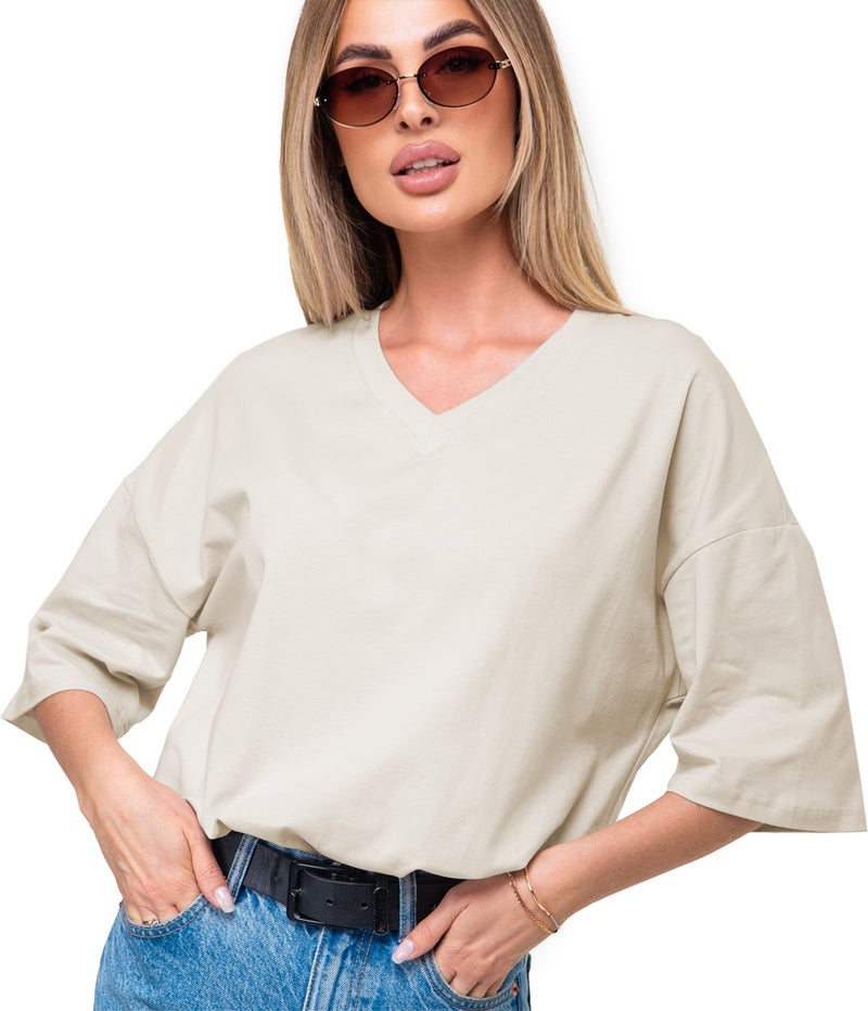 Happyfox Cotton Women's V-Neck Oversize T-Shirt Beige  - Image 1