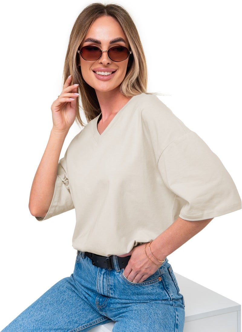 Happyfox Cotton Women's V-Neck Oversize T-Shirt Beige  - Image 3