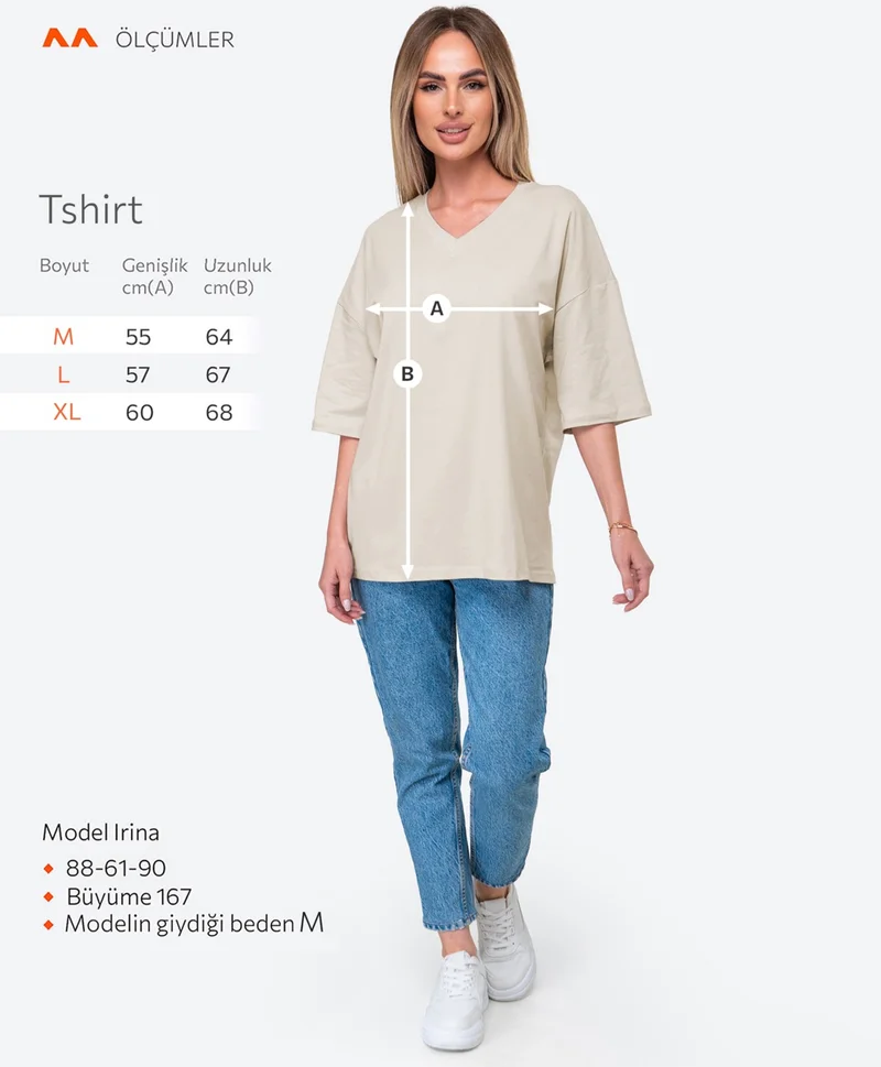 هابيفوكس Cotton Women's V-Neck Oversize T-Shirt Beige