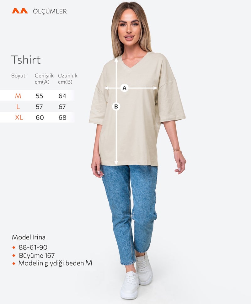 Happyfox Cotton Women's V-Neck Oversize T-Shirt Beige  - Image 4