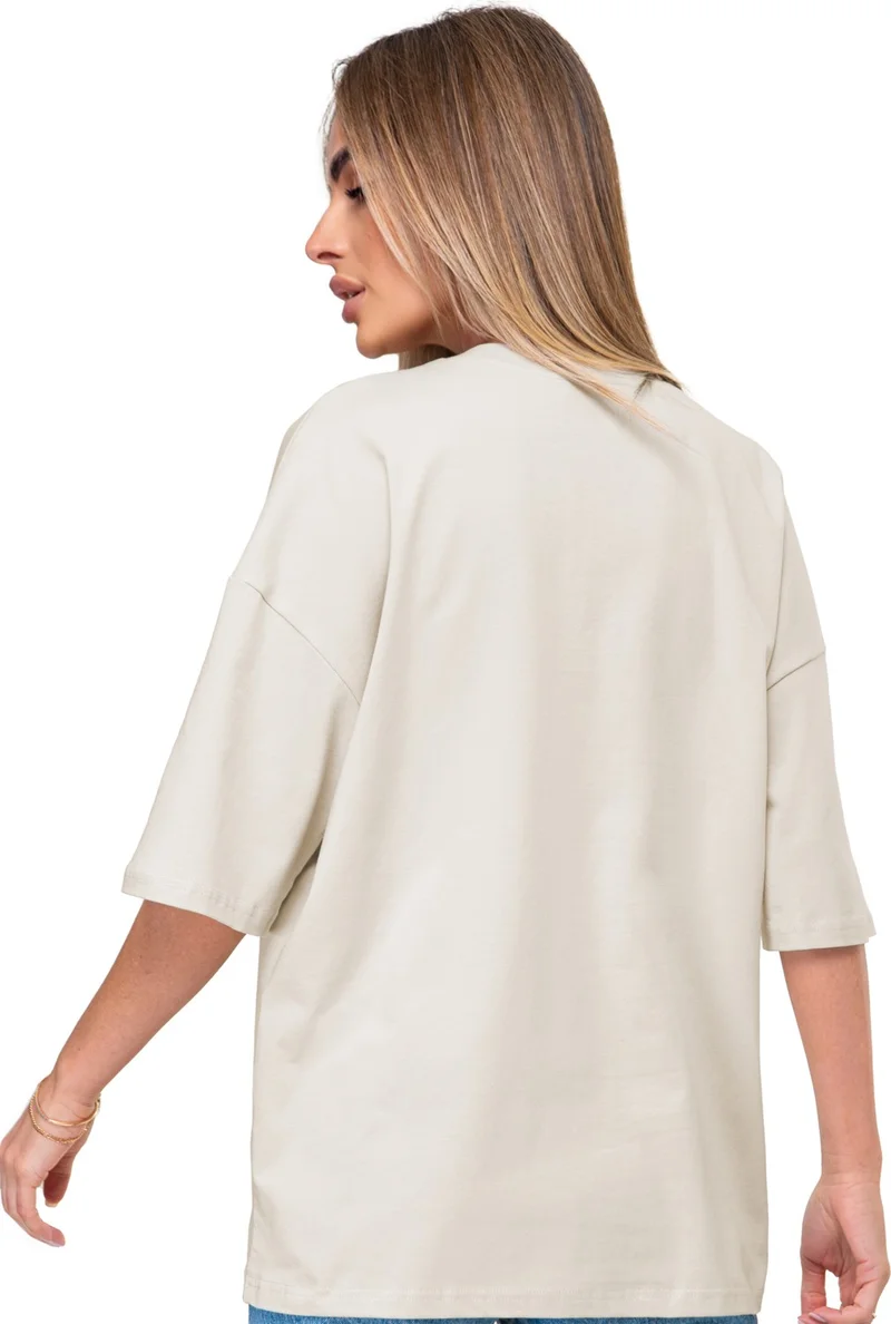 هابيفوكس Cotton Women's V-Neck Oversize T-Shirt Beige