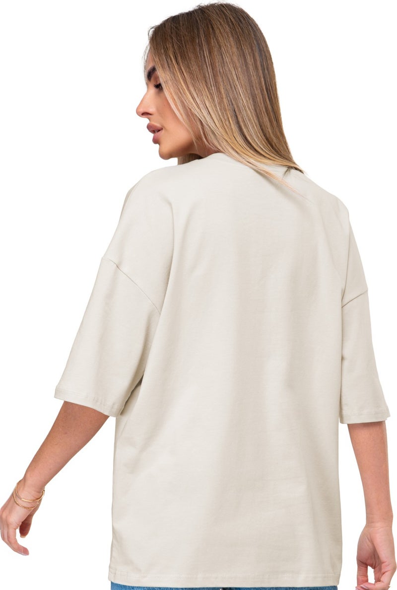 Happyfox Cotton Women's V-Neck Oversize T-Shirt Beige  - Image 5